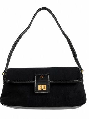 Vintage Etienne Aigner Black Baguette Gold Logo Canvas Leather Trim Y2K